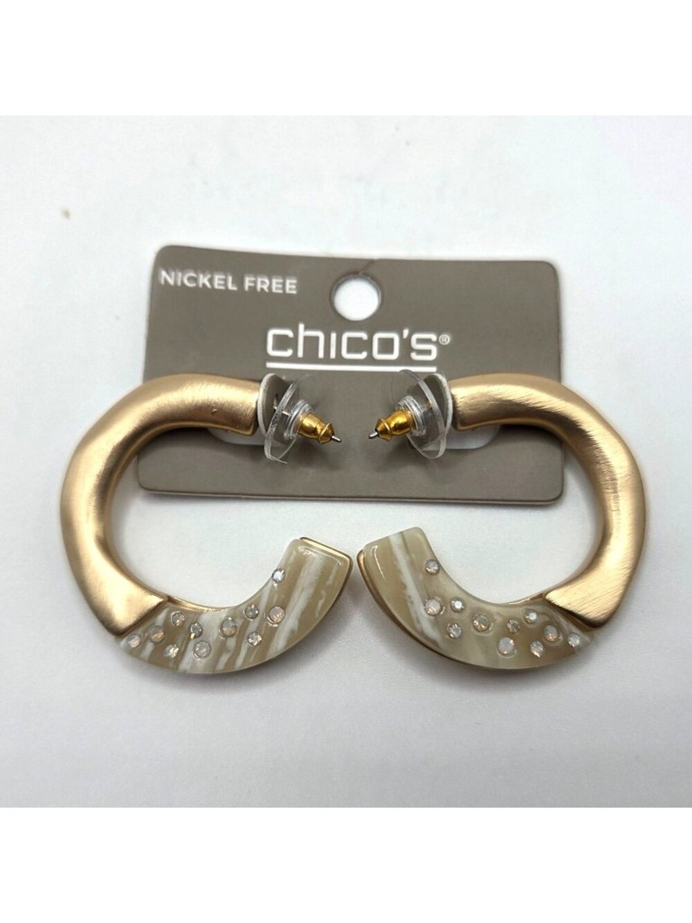 Chicos Earrings Gold Tone Matte Acrylic Taupe Swirl Rhinestone Hoops NEW